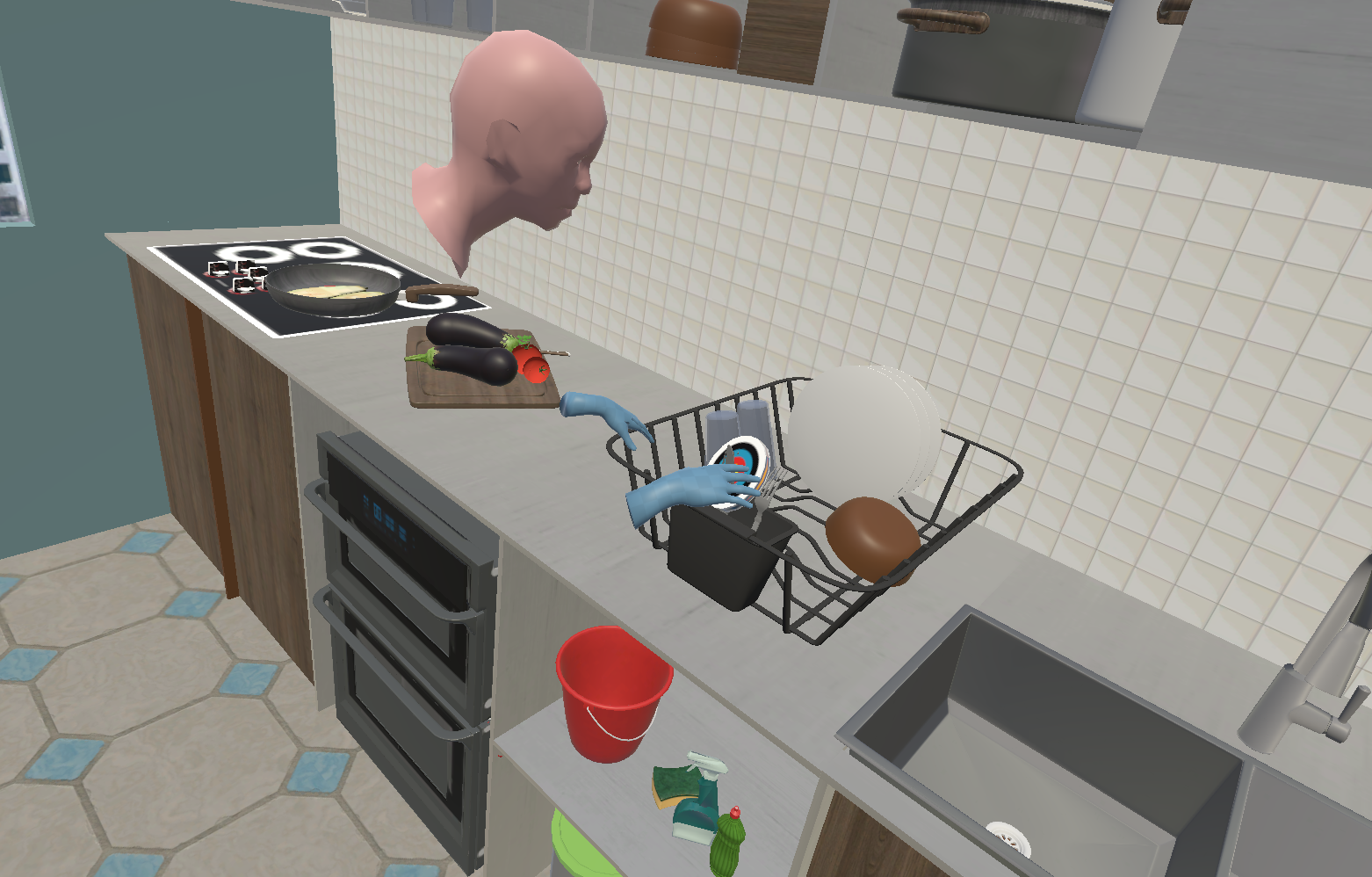 View of a kitchen with a virtual avatar