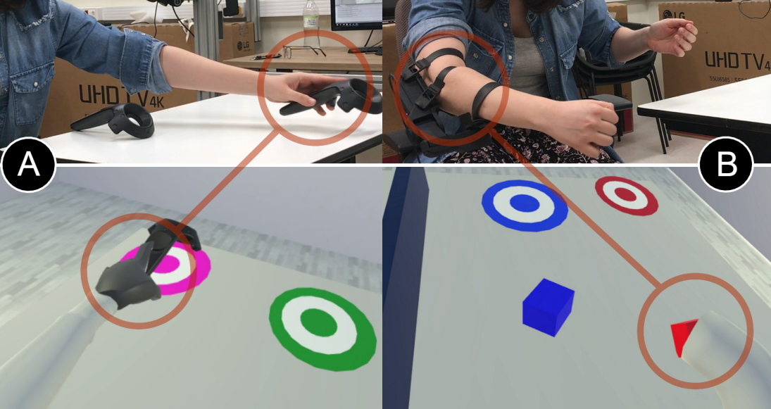 Top half shows a user wearing a force-feedback device on their elbow, while holding a virtual reality controller. Bottom shows their view in virtual reality, with one of their virtual arms having been amputated near the elbow.  